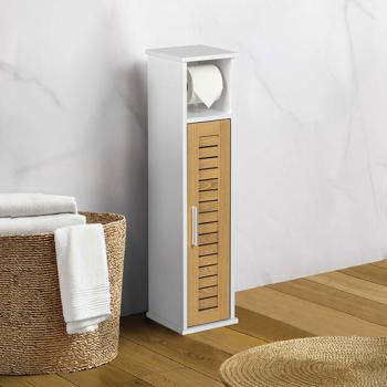 Preview: Toilet paper cabinet 75x18x18 cm made of MDF in white: Slim bathroom cabinet & free‑standing WC paper holder for niches and storage