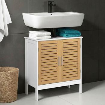 Elegant white & wood‑look vanity unit: MDF bathroom cabinet, modern washbasin base cabinet & bathroom cupboard with doors