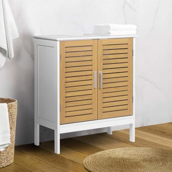 Preview: Elegant white & wood‑look vanity unit: MDF bathroom cabinet, modern washbasin base cabinet & bathroom cupboard with doors