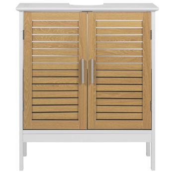 Preview: Elegant white & wood‑look vanity unit: MDF bathroom cabinet, modern washbasin base cabinet & bathroom cupboard with doors