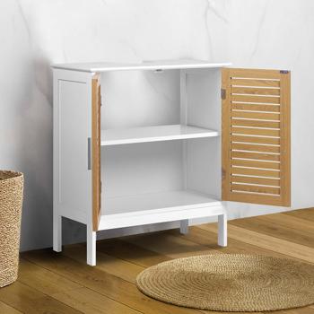 Preview: Elegant white & wood‑look vanity unit: MDF bathroom cabinet, modern washbasin base cabinet & bathroom cupboard with doors