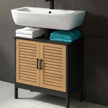 Elegant vanity unit in black & wood look: MDF bathroom cabinet, modern under-sink unit & bathroom cupboard with doors