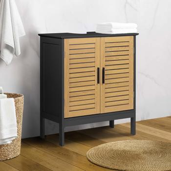 Preview: Elegant vanity unit in black & wood look: MDF bathroom cabinet, modern under-sink unit & bathroom cupboard with doors