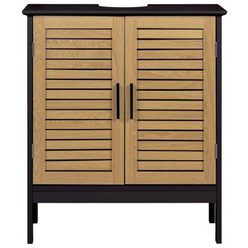 Preview: Elegant vanity unit in black & wood look: MDF bathroom cabinet, modern under-sink unit & bathroom cupboard with doors