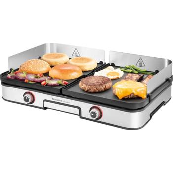 Preview: Electric barbecue grill with 2 separate grilling zones, reversible grill plates, stainless-steel wind guard & drip tray, 2-zone table grill