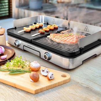 Preview: Electric barbecue grill with 2 separate grilling zones, reversible grill plates, stainless-steel wind guard & drip tray, 2-zone table grill
