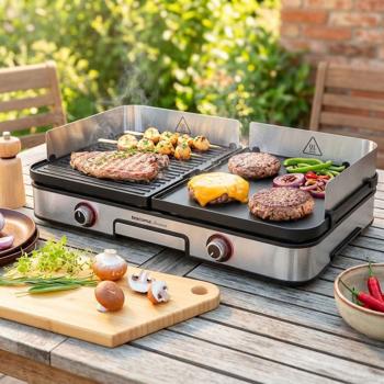 Electric barbecue grill with 2 separate grilling zones, reversible grill plates, stainless-steel wind guard & drip tray, 2-zone table grill