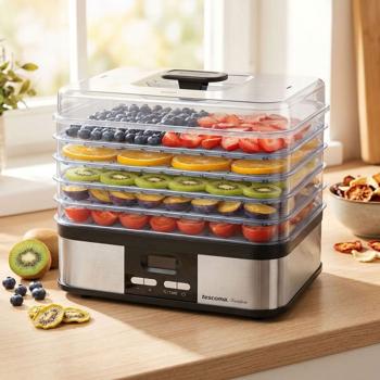 Professional food dehydrator with 5 levels & 3,500 cm² drying surface, quiet dehydrator 40–70 °C, dehydrator with 1–48 h timer for fruit & beef jerky, incl. recipes