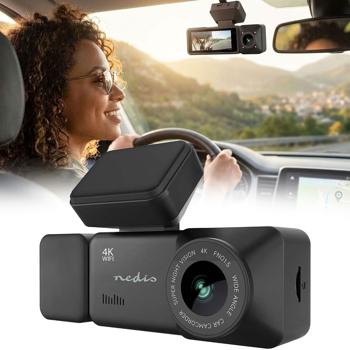 4K dashcam with interior camera and GPS, dual car camera front and interior with 3.16-inch display, Wi‑Fi, night vision, parking mode, loop recording, black
