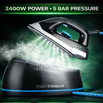 Preview: Fer à vapeur Force Titanium avec centrale vapeur 2400 W, 5 bar, 120 g/min de vapeur, vapeur verticale, anti-goutte, anti-calcaire et auto-nettoyage