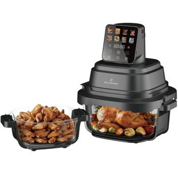 Preview: Friggitrice ad aria con 2 contenitori in vetro 1,5 L & 4 L, 1500 W, friggitrice ad aria senza olio con piena visibilità, 80–200 °C, timer 60 min, Cool‑Touch, nera