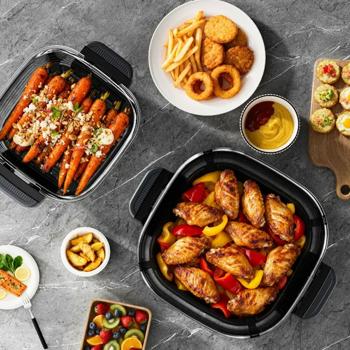 Preview: Friggitrice ad aria con 2 contenitori in vetro 1,5 L & 4 L, 1500 W, friggitrice ad aria senza olio con piena visibilità, 80–200 °C, timer 60 min, Cool‑Touch, nera