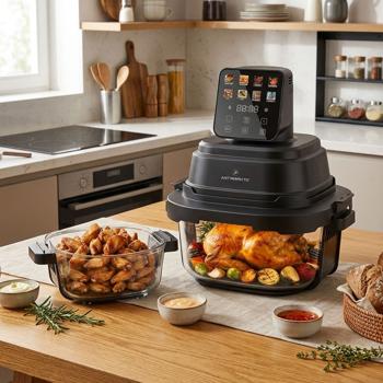 Friggitrice ad aria con 2 contenitori in vetro 1,5 L & 4 L, 1500 W, friggitrice ad aria senza olio con piena visibilità, 80–200 °C, timer 60 min, Cool‑Touch, nera
