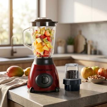 2-in-1 blender with 1.5 L glass jug and 0.4 L grinder, 800 W, 5 speeds & pulse function, crushes ice, spice & coffee grinder, stainless steel, red