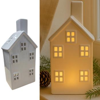 Preview: Casetta decorativa in ceramica per tealight: elegante lanterna bianco lucido come decorazione da tavola moderna e addobbo natalizio d’atmosfera