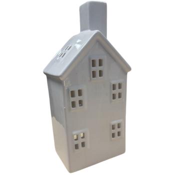 Preview: Casetta decorativa in ceramica per tealight: elegante lanterna bianco lucido come decorazione da tavola moderna e addobbo natalizio d’atmosfera