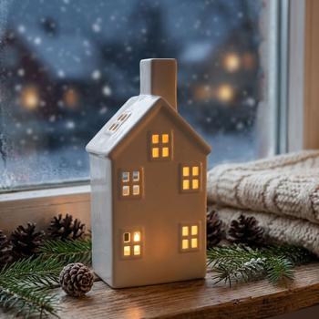 Casetta decorativa in ceramica per tealight: elegante lanterna bianco lucido come decorazione da tavola moderna e addobbo natalizio d’atmosfera