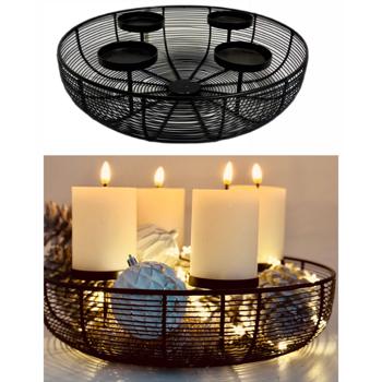 Preview: Elegante corona dell’Avvento in metallo, nero, Ø 36,5 cm per 4 candele cilindriche – moderno portacandele e candelabro per tavolo e decorazioni natalizie