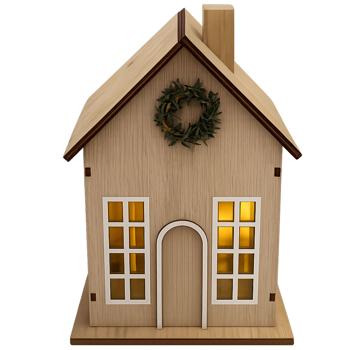 Preview: 2er-Set Schönes Deko LED Haus mit Timer 11,5x8x17/24x15,5x9,5 cm: Beleuchtete Miniatur Häuser aus Kunstholz für Tischdeko & Fenster, warmweisses Licht