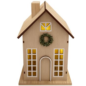 Preview: Schönes Deko LED Haus mit Timer 24x15,5x9,5 cm: Beleuchtetes Miniatur Haus aus Kunstholz für Tischdeko & Fenster, warmweisses Licht