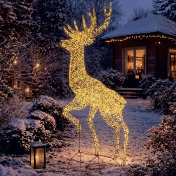 LED metal deco reindeer warm white: large LED figure with timer for garden decoration, Christmas decor, shopping centres & events, IP44, 220 cm