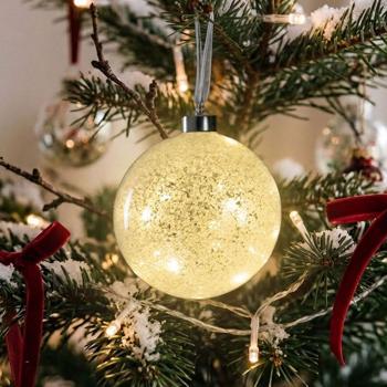 Elegante Dekokugel aus Glas gefrostet mit 20 LEDs: warmweiss hängend für Weihnachten mit Timer, Batterie - Ø 12cm Deko Leuchte