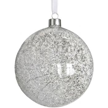 Preview: Elegante Dekokugel aus Glas gefrostet mit 20 LEDs: warmweiss hängend für Weihnachten mit Timer, Batterie - Ø 12cm Deko Leuchte