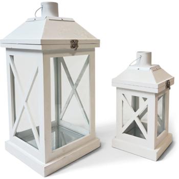 Preview: 2er-Set MDF-Holz Laternen in Weiss-matt – Stilvolles Windlicht Set für Kerzen als gemütliche Tischdekoration für Wohnzimmer, Balkon & Garten