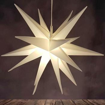 Preview: 3D LED Leuchtstern Ø27 cm, Warmweiss mit Timer & IP44 - Schöner faltbarer Adventsstern mit Batterie für Fenster, Balkon & Weihnachtsdeko
