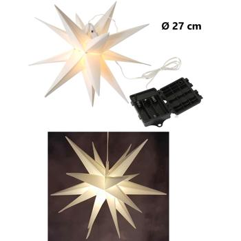 Preview: 3D LED Leuchtstern Ø27 cm, Warmweiss mit Timer & IP44 - Schöner faltbarer Adventsstern mit Batterie für Fenster, Balkon & Weihnachtsdeko