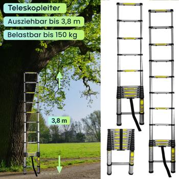 Preview: Teleskopleiter, Ausziehbare Leiter bis 3.8 m, Multifunktionsleiter mit 150kg Belastbarkeit, Rutschfeste Aluminium Dachbodenleiter mit rutschfesten Füssen