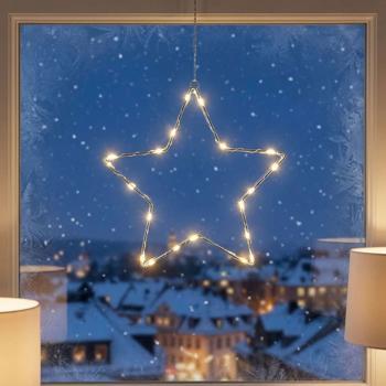 Stimmungsvoller LED Metallstern Ø15 cm mit Saugnapf fürs Fenster, 10 warmweisse Lichter, Timer & Batterriebetrieb, Weihnachtsdeko