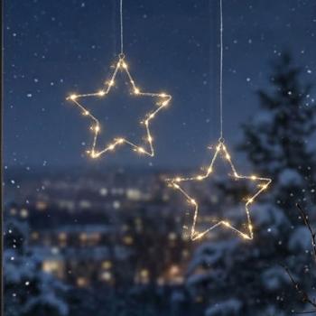 Preview: Stimmungsvoller LED Metallstern Ø15 cm mit Saugnapf fürs Fenster, 10 warmweisse Lichter, Timer & Batterriebetrieb, Weihnachtsdeko
