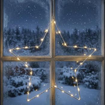 Stimmungsvoller LED Metallstern Ø40 cm mit Saugnapf fürs Fenster, 30 warmweisse Lichter, Timer & Batterriebetrieb, Weihnachtsdeko