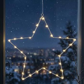Preview: Stimmungsvoller LED Metallstern Ø40 cm mit Saugnapf fürs Fenster, 30 warmweisse Lichter, Timer & Batterriebetrieb, Weihnachtsdeko