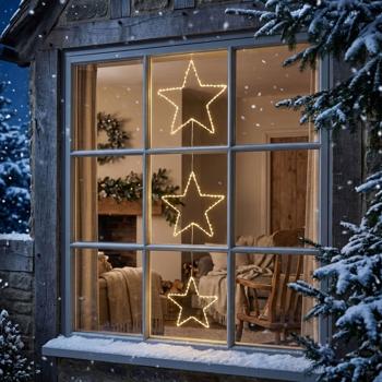 Preview: Elegante 3 LED Sterne zum Aufhängen, 180 warmweisse Lichter, Batterie mit Timer, Deko für Fenster & Weihnachten, weiss