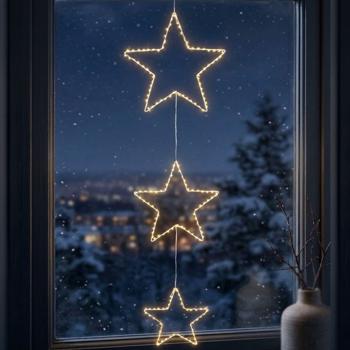 Preview: Elegante 3 LED Sterne zum Aufhängen, 180 warmweisse Lichter, Batterie mit Timer, Deko für Fenster & Weihnachten, weiss