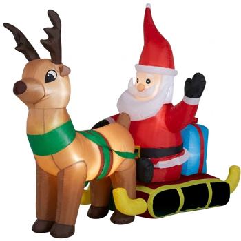 Preview: Aufblasbarer Weihnachtsmann mit Rentierschlitten LED 132 cm, Deko-Nikolaus mit Gebläse, IP44 Indoor & Outdoor Weihnachtsdeko