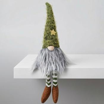 Preview: Wichtel Kantenhocker Weihnachten 28 cm, grüne Sternmütze & Flauschbart, Stoff Wichtel grün-weiss geringelt, Regal & Fensterbank Deko
