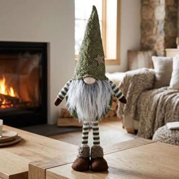 Weihnachtswichtel Deko mit Teleskopbeinen, grüne Sternmütze & Flauschbart, Stoff Wichtel 63 cm, grün-weiss geringelt, Weihnachtsdeko