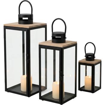 Preview: Laternen 3er Set aus Holz & Metall, schwarz mit Glas und Kiefernholz-Deckel, 48/40/29 cm, Windlicht mit Tragegriff & Tür, Deko Laterne