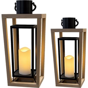 Preview: 2er-Set Laterne aus Holz & Metall mit LED Kerze und Timer, 38 cm & 48,5 cm, offenes Design in Natur-Schwarz, flammenlose Deko, Laternen mit Griff