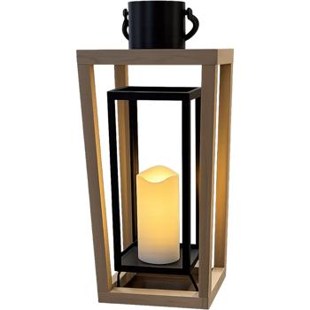 Preview: Lanterna in legno di paulownia & metallo con candela LED e timer, 38 cm, design aperto naturale/nero, lanterna decorativa senza fiamma con manico