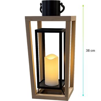 Preview: Lanterna in legno di paulownia & metallo con candela LED e timer, 38 cm, design aperto naturale/nero, lanterna decorativa senza fiamma con manico