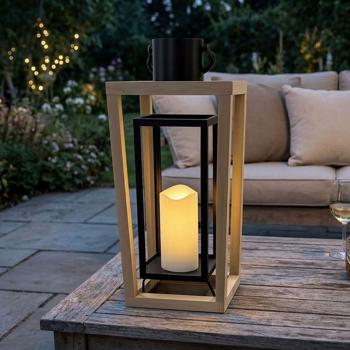 Lanterna in legno di paulownia e metallo con candela LED e timer, 48,5 cm, design aperto naturale/nero, lanterna decorativa senza fiamma con manico