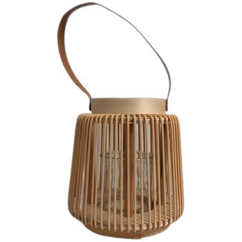 Preview: Laterne mit Kunstledergriff, Ø 16,5 x H 17 cm, Windlicht mit Glaseinsatz, Stäbe in Rattan-Optik, heller Holz-Look, Deko für Teelicht & LED-Kerze
