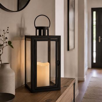 Lantern with LED candle and timer, H 27.5 cm, black decorative lantern with carrying ring & door, flameless cream candle, battery-operated