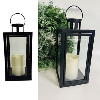 Preview: Lantern with LED candle and timer, H 27.5 cm, black decorative lantern with carrying ring & door, flameless cream candle, battery-operated