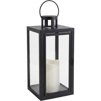 Preview: Lantern with LED candle and timer, H 27.5 cm, black decorative lantern with carrying ring & door, flameless cream candle, battery-operated