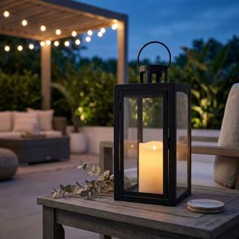 Preview: Lantern with LED candle and timer, H 27.5 cm, black decorative lantern with carrying ring & door, flameless cream candle, battery-operated